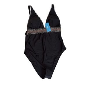 NWT Cupshe Womens Black One Piece Swimsuit Crochet Trim V-Neck Large